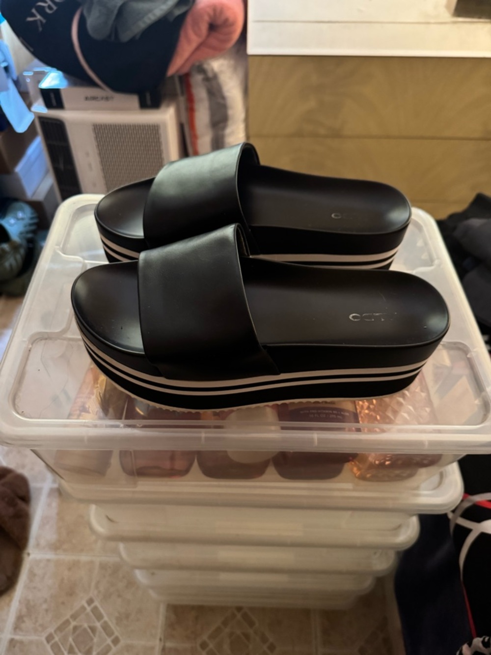 Aldo Black Platform Slide Sandals with White Striped Sole